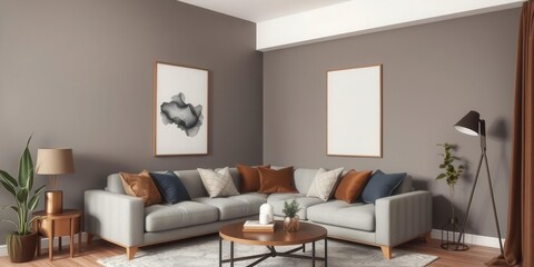 Elegant grey living room interior with brown corner sofa showcasing gallery of trendy posters, trendy, brown, decoration