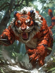 A fierce tiger charging through a lush forest, showcasing its power and agility.