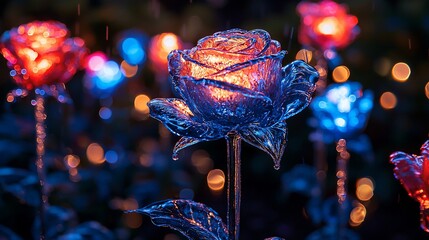 Naklejka premium Illuminated glass roses in rain, bokeh background.