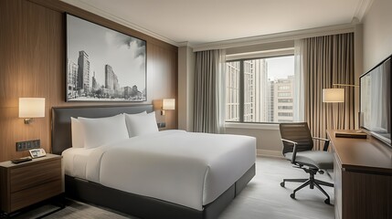 Fototapeta premium Modern hotel room with king bed, city view, and workspace.