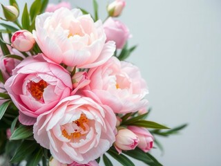 Fresh bunch of pink peonies and roses with copy space on white background, vibrant, floral, copy space