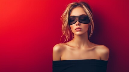 Fototapeta premium Portrait of a young woman wearing a black blindfold, standing against a vibrant red background with copy space