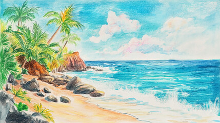 Naklejka premium Cartoon Beach Scene with Car and Palm Trees, Vibrant Colors