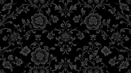 Fototapeta premium Luxurious black charcoal floral wallpaper with intricate design, design, intricate, floral