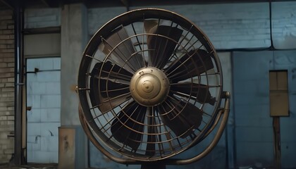Vintage oscillating fan with a brass grill, placed in a dimly lit, abandoned warehouse setting