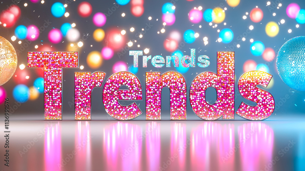 Poster colorful and vibrant display of trends with sparkling letters and colorful lights at a lively event