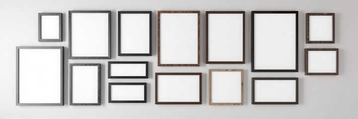 Fototapeta premium Modern home interior with a gallery wall of empty photo frames mockup, blank frames, empty frames