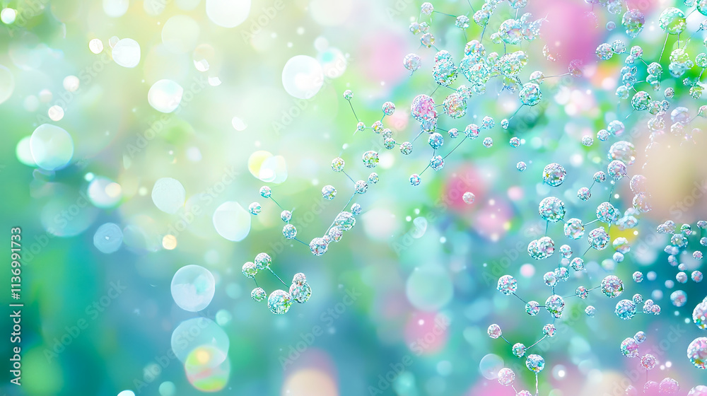 Poster floating bubbles glisten in sunlight among vibrant colors and soft bokeh backgrounds in a serene out