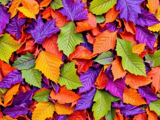 Fototapeta premium Pattern of dry orange metallic leaves on violet background, colorful, texture, dry leaves