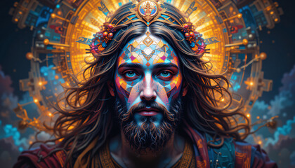 Divine Harmony: Jesus in Sacred Geometry, abstract digital art, Jesus, sacred geometric patterns, vibrant colors, divine qualities, traditional Hindu symbolism, contemporary styles, geometric abstract