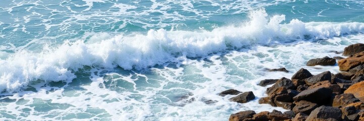 Fototapeta premium Powerful ocean wave crashing on rocky shore, creating a spray of foamy water, foam, ocean, natural