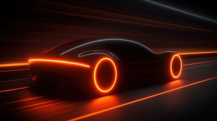 Futuristic silhouette of the car in motion, aerodynamic body, high-tech and ultra-modern look. Stripes of orange neon light and shadow create a tunnel on dark tones, a sense of speed and energy.