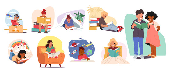 Cute smart children cartoon characters reading books feeling interested and excited scene set