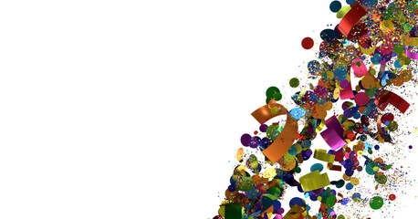 A festive background featuring colorful confetti and ribbons falling on a white background, perfect for celebrations and parties.