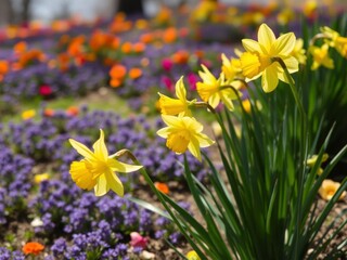 Obraz premium Vibrant yellow daffodil flowers blooming in a lush green field, landscape, spring, outdoors