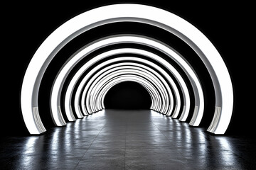 Obraz premium Abstract futuristic tunnel with glowing white arches, leading to a dark space. Perfect for science fiction, technology, and modern design projects.