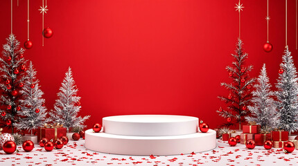  Christmas podium display with white platforms, silver Christmas trees, red ornaments, and gift boxes on a red background, perfect for showcasing holiday products or festive promotions.