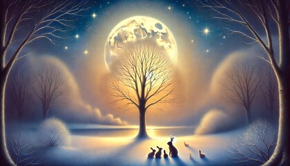 Golden Moonlit Winter Scene with Blurred Moonlight, Snowy Tree, and Rabbit Family Beneath a Starry Sky