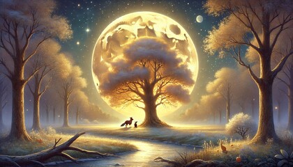 A Heartwarming Winter Scene with Golden Moonlight and Woodland Harmony