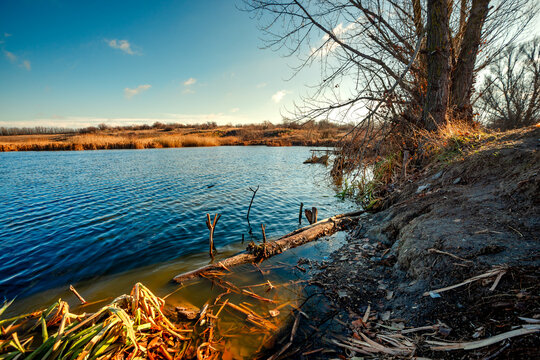 Landscape photography on the wide-angle lense, river at the morning in the fall season.Blue and beautiful water,reclections on water.Clouds in the blue sky, trees on the beach , sunny morning.Branches