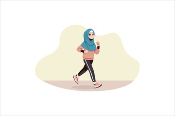 Fototapeta premium illustration of a young Muslim woman wearing a hijab jogging. Vector illustration.