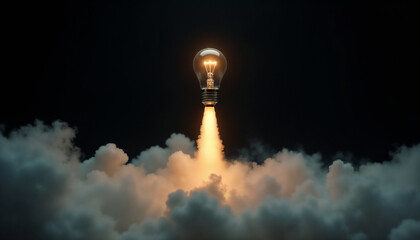 A glowing lightbulb takes off like a rocket, emitting smoke as it ascends, representing innovation and inspiration.

