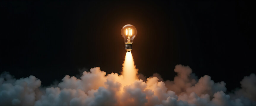 A glowing lightbulb takes off like a rocket, emitting smoke as it ascends, representing innovation and inspiration.

