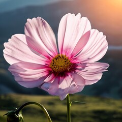 Pink flower with a yellow center. The flower is in the foreground and the background is a green hill