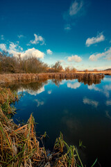 Landscape photography on the wide-angle lense, river at the morning in the fall season.Blue and beautiful water,reclections on water.Clouds in the blue sky, trees on the beach , sunny morning.Branches