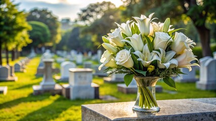 Bouquet of white lilies or roses on a gravestone against a cemetery backdrop