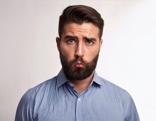 Obraz premium bearded man in a button-up shirt from head to chest, with a strained expression and a hint of tears
