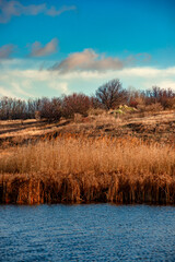 River at the morning in the autumn season , landscape with blue water and golden reed, beautiful and nature colors .Colorful autumn.Clouds in the sky , reflections on water , trees and river 