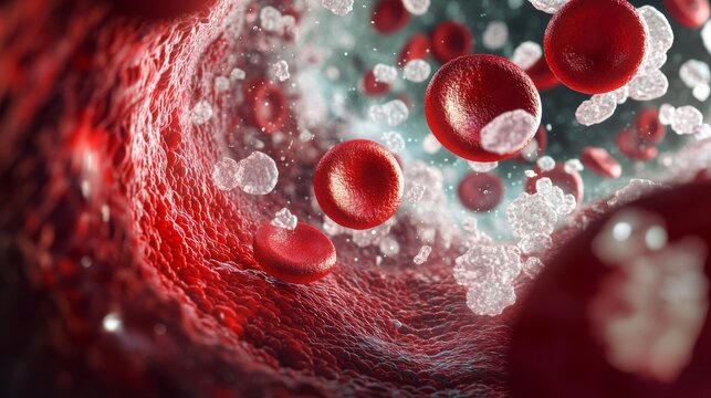 A dynamic close-up visualization of red blood cells and glucose molecules inside a human artery, showcasing the intricate flow of life in the bloodstream. This medical imagery is perfect for