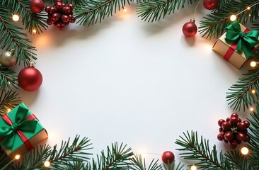 Christmas frame made of fir branches and decorations. In the middle lies a blank sheet of paper. Space for text