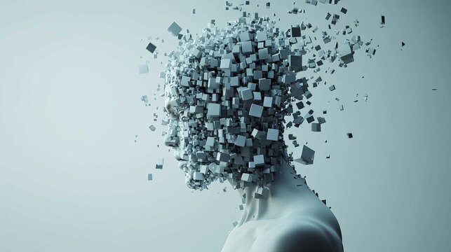 A captivating 3D illustration of a human head dissolving into small cubes, symbolizing digital transformation or the fragmentation of identity. Ideal for AI, technology, and futuristic themes.. AI