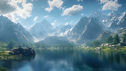 Naklejka premium Serene mountain lake reflecting majestic snow-capped peaks under a bright sky.