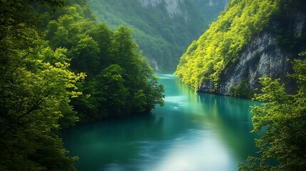 Serene river flowing through lush green canyon.