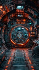 Obraz premium A futuristic corridor with glowing controls and a circular door, suggesting advanced technology.