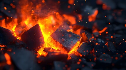 Fiery flames dance and crackle in a cozy fireplace, casting a warm, orange glow