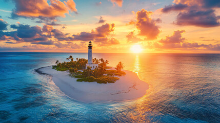 Obraz premium A lighthouse situated on a small tropical island with a calm, turquoise ocean surrounding it, and a vibrant sunset casting its golden rays over the beach.