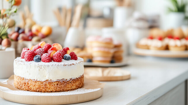 A beautifully decorated cake sits among various baked goods in a cheerful kitchen