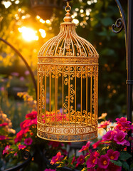 golden cage hanging on a background of a flower garden