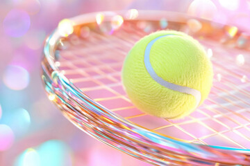 Tennis racket and yellow tennis ball on pastel pink background with bokeh. Sport equipment, tennis game background