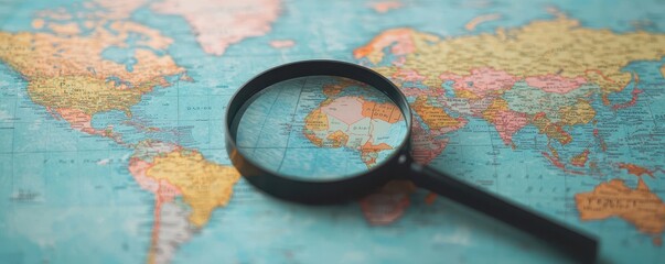 A magnifying glass focuses on a world map, highlighting geographical details and emphasizing exploration and discovery.