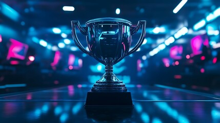 Silver trophy in a vibrant esports arena.