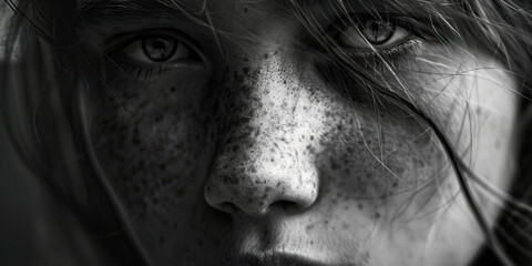 Fototapeta premium Close-up Grayscale Portrait: Freckled Face and Eyes