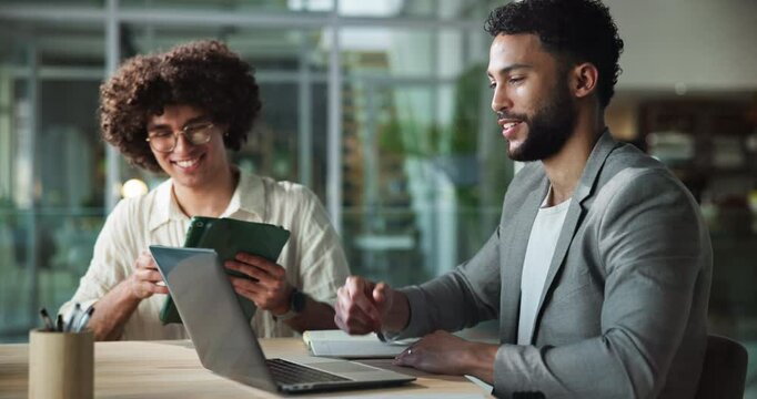 Businessmen, laptop and handshake for feedback, thank you and mentorship with project planning. Manager, employee and tablet for proposal discussion, creative agency or brand consultant review