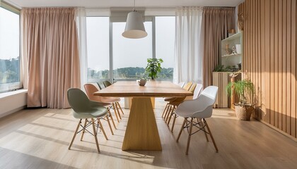 Scandinavian-inspired office with a light wood meeting table, pastel-colored chairs, the CEO