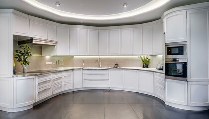 Small but functional white kitchen with clean-lined cabinetry, a reflective backsplash, a co