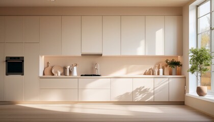  White kitchen with a minimalist vibe, featuring concealed storage, a soft beige wall, and a